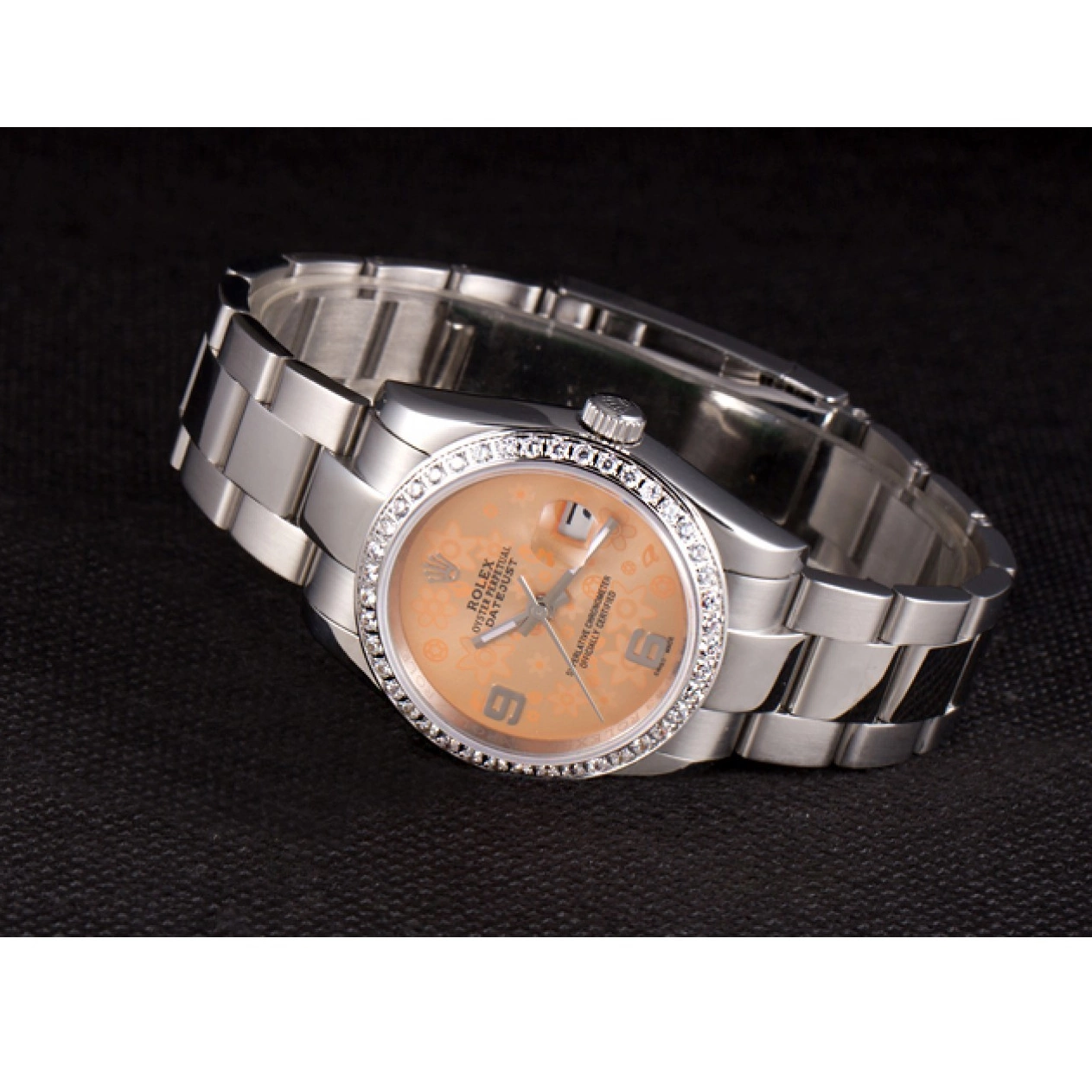 Aaa replica watch Diamond Stainless Rolex Dial Plated Orange Datejust Steel Flowers Polished 0818